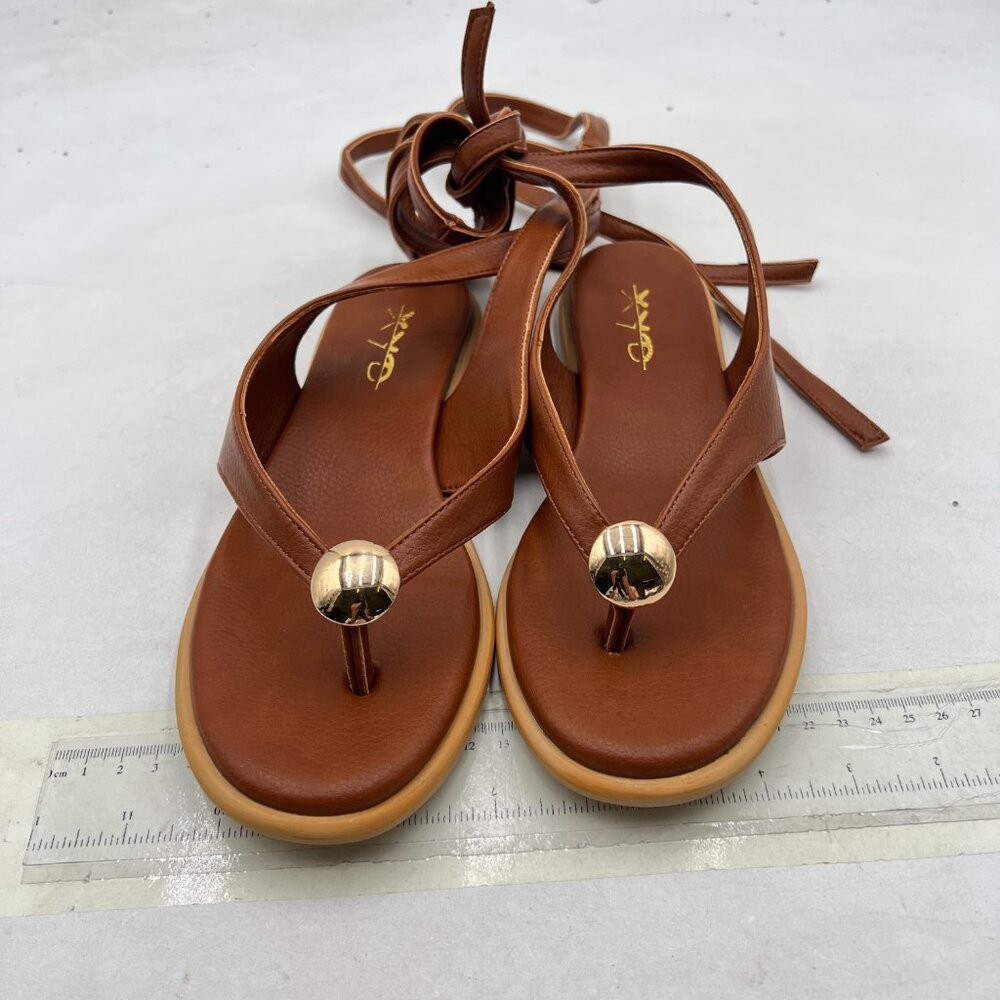 XYD Brown Open Toe Metal Gold Hardware Flip Flops Ankle Wrap Lace-up Flat Sandal - Picture 3 of 8